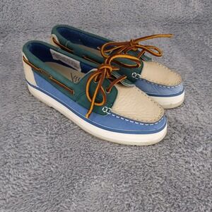 Bass Boat Shoes Colorblock Washable Size 7M Wide Width Leather Blue Green‎ Beige